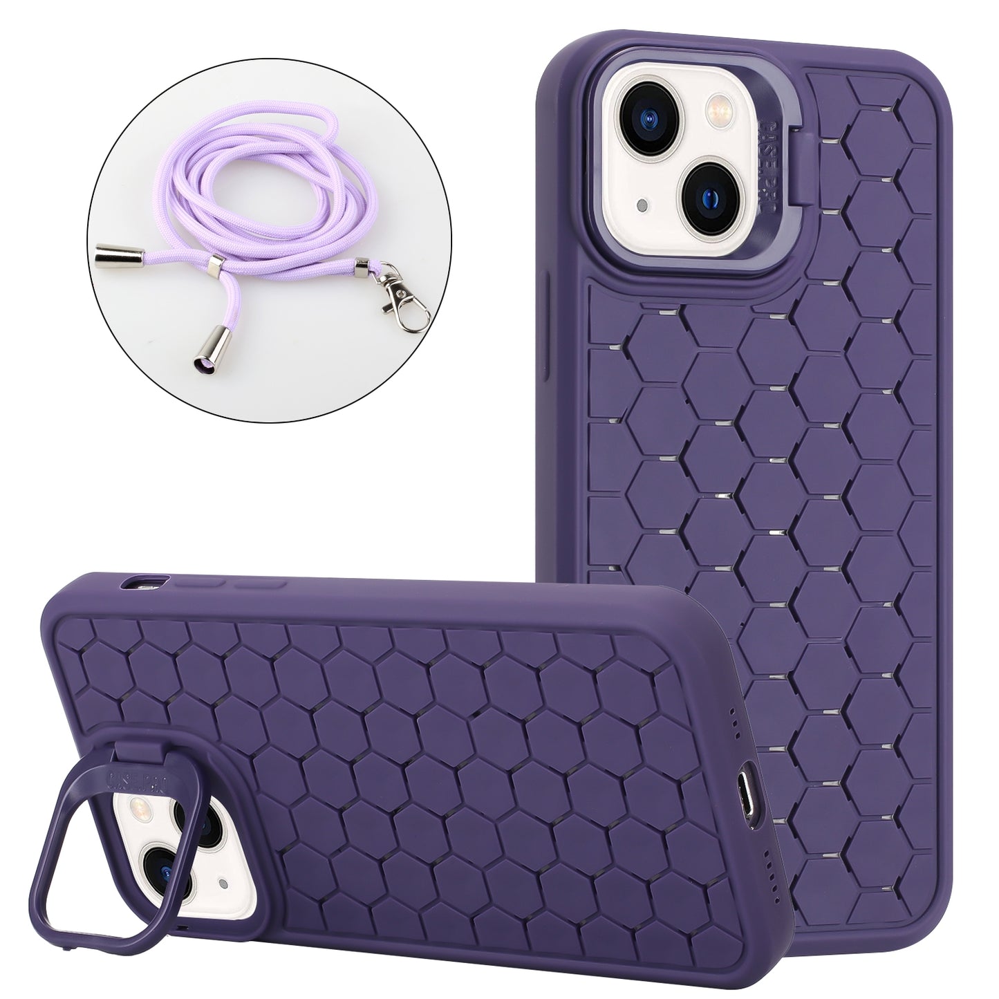 ELECTROPRIME For iPhone 15 Honeycomb Radiating Lens Holder Magsafe Phone Case with Lanyard(Purple)