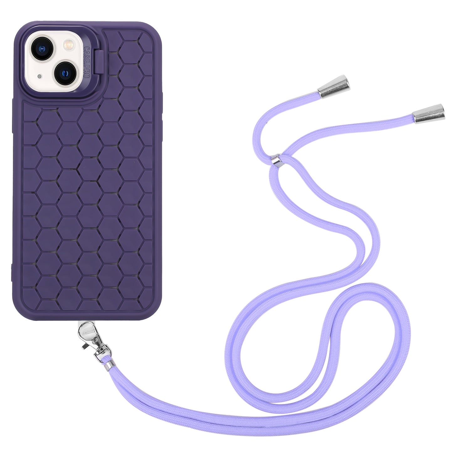 ELECTROPRIME For iPhone 15 Honeycomb Radiating Lens Holder Magsafe Phone Case with Lanyard(Purple)