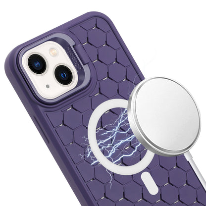 ELECTROPRIME For iPhone 15 Honeycomb Radiating Lens Holder Magsafe Phone Case with Lanyard(Purple)