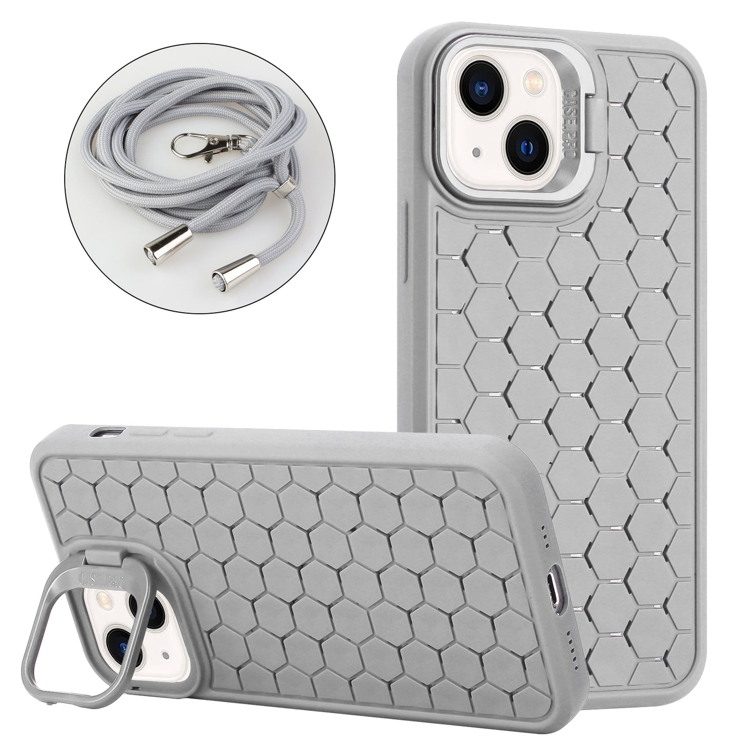 ELECTROPRIME For iPhone 15 Honeycomb Radiating Lens Holder Magsafe Phone Case with Lanyard(Grey)