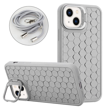 ELECTROPRIME For iPhone 15 Honeycomb Radiating Lens Holder Magsafe Phone Case with Lanyard(Grey)
