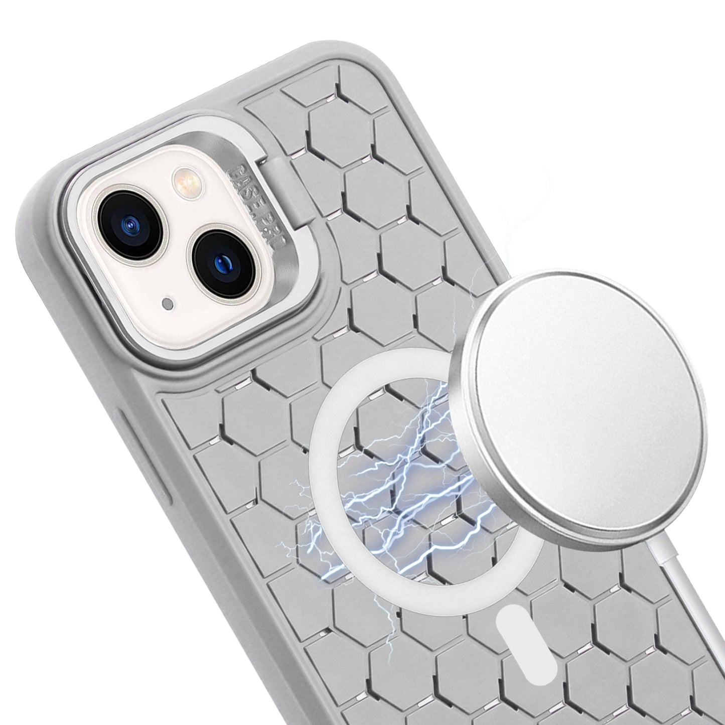 ELECTROPRIME For iPhone 15 Honeycomb Radiating Lens Holder Magsafe Phone Case with Lanyard(Grey)