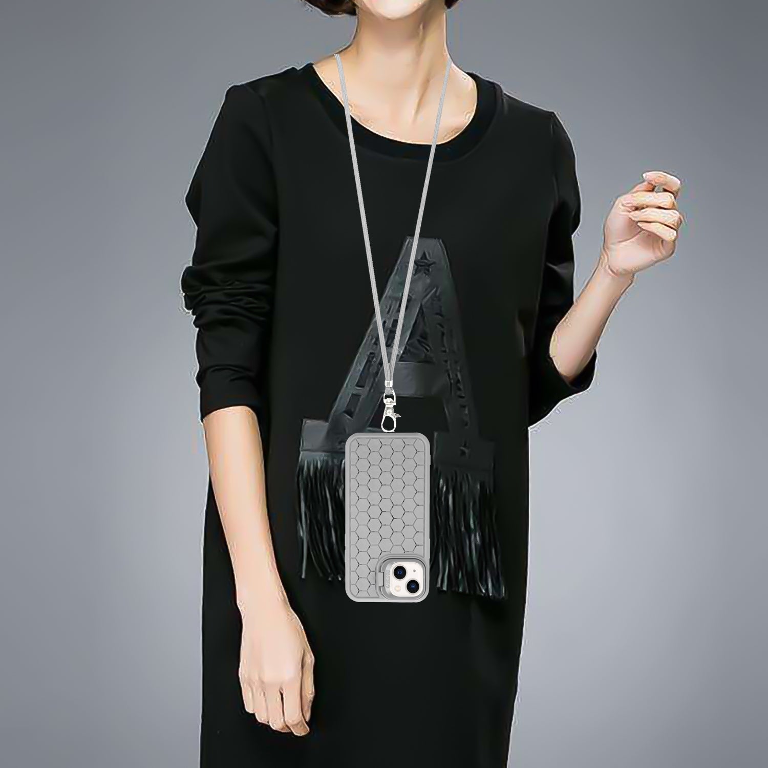 ELECTROPRIME For iPhone 15 Honeycomb Radiating Lens Holder Magsafe Phone Case with Lanyard(Grey)