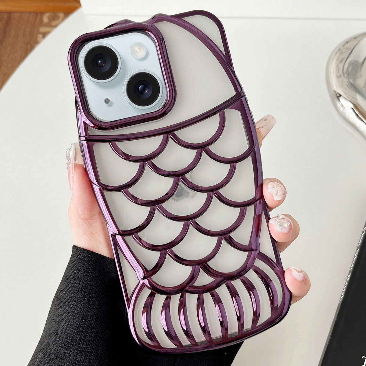 ELECTROPRIME For iPhone 15 Mermaid Shape Embossed Electroplated TPU Phone Case(Dark Purple)