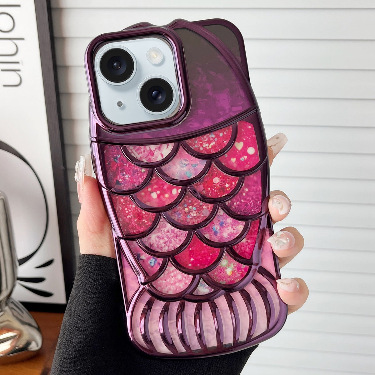 ELECTROPRIME For iPhone 15 Mermaid Shape Painted Paper Embossed Electroplated TPU Phone Case(Dark Purple)