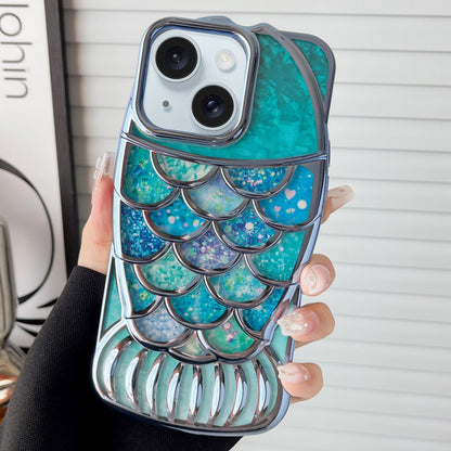 ELECTROPRIME For iPhone 15 Mermaid Shape Painted Paper Embossed Electroplated TPU Phone Case(Blue)