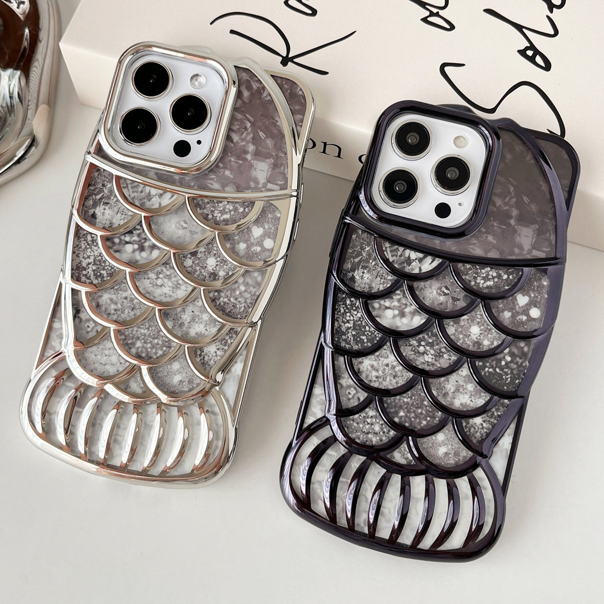 ELECTROPRIME For iPhone 15 Mermaid Shape Painted Paper Embossed Electroplated TPU Phone Case(Blue)