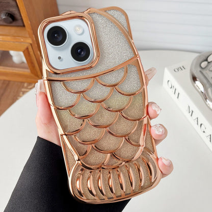 ELECTROPRIME For iPhone 15 Mermaid Shape Glitter Paper Embossed Electroplated TPU Phone Case(Gold)
