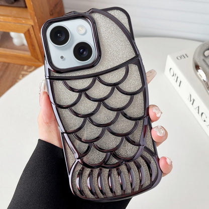 ELECTROPRIME For iPhone 15 Mermaid Shape Glitter Paper Embossed Electroplated TPU Phone Case(Black)