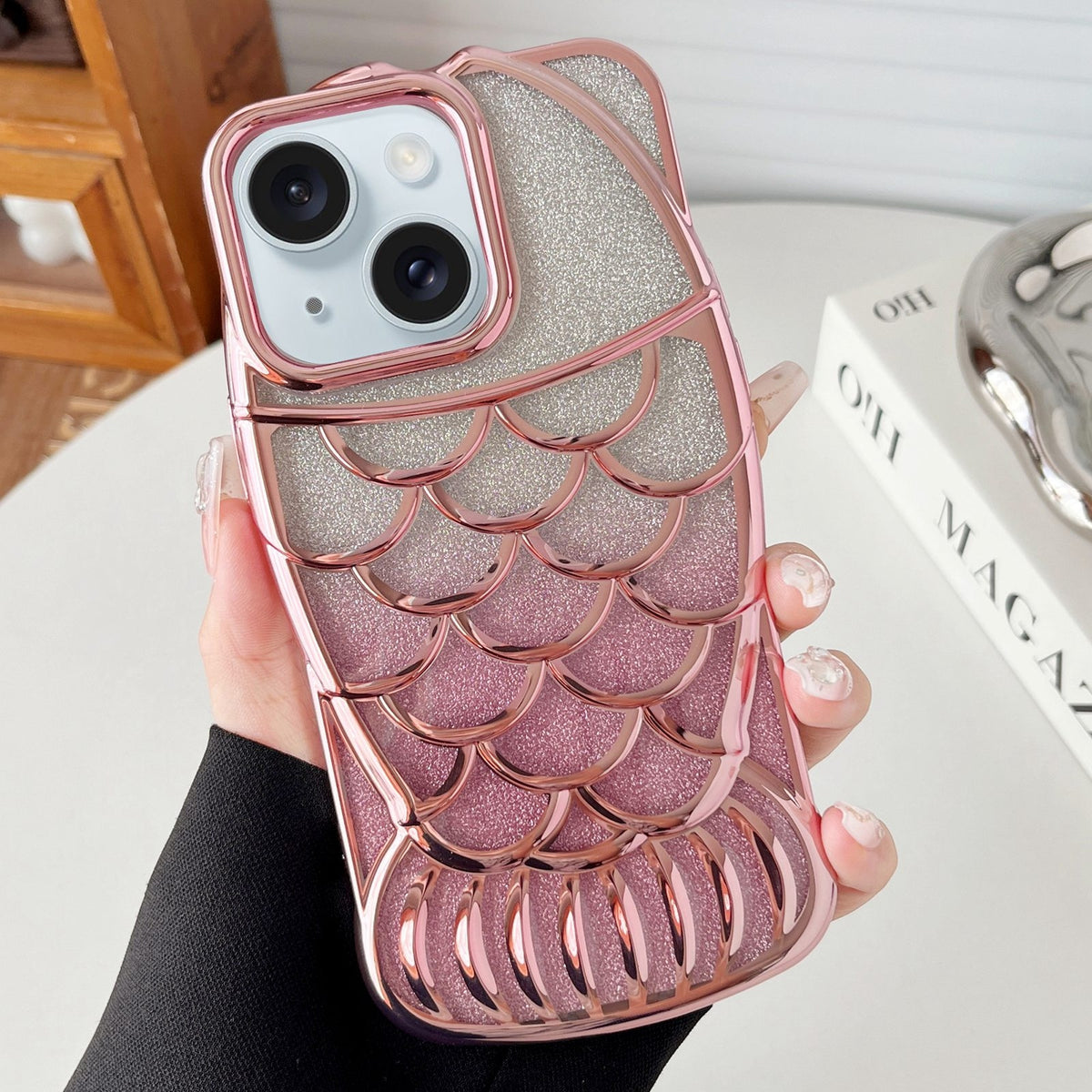 ELECTROPRIME For iPhone 15 Mermaid Shape Glitter Paper Embossed Electroplated TPU Phone Case(Rose Gold)