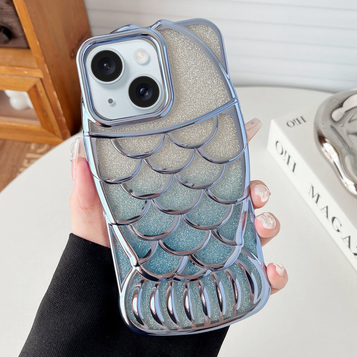 ELECTROPRIME For iPhone 15 Mermaid Shape Glitter Paper Embossed Electroplated TPU Phone Case(Blue)