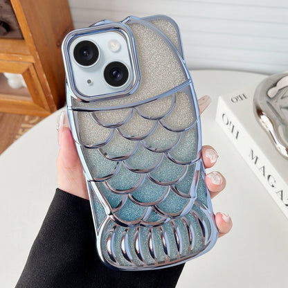 ELECTROPRIME For iPhone 15 Mermaid Shape Glitter Paper Embossed Electroplated TPU Phone Case(Blue)