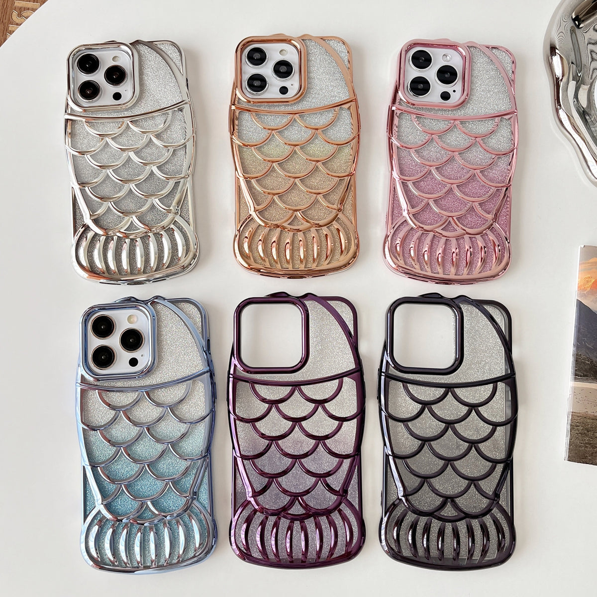 ELECTROPRIME For iPhone 15 Mermaid Shape Glitter Paper Embossed Electroplated TPU Phone Case(Silver)