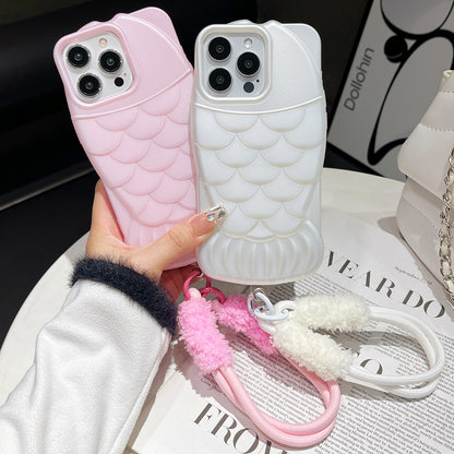 ELECTROPRIME For iPhone 15 Mermaid Embossed Oil Spray TPU Phone Case with Lanyard(Pink)