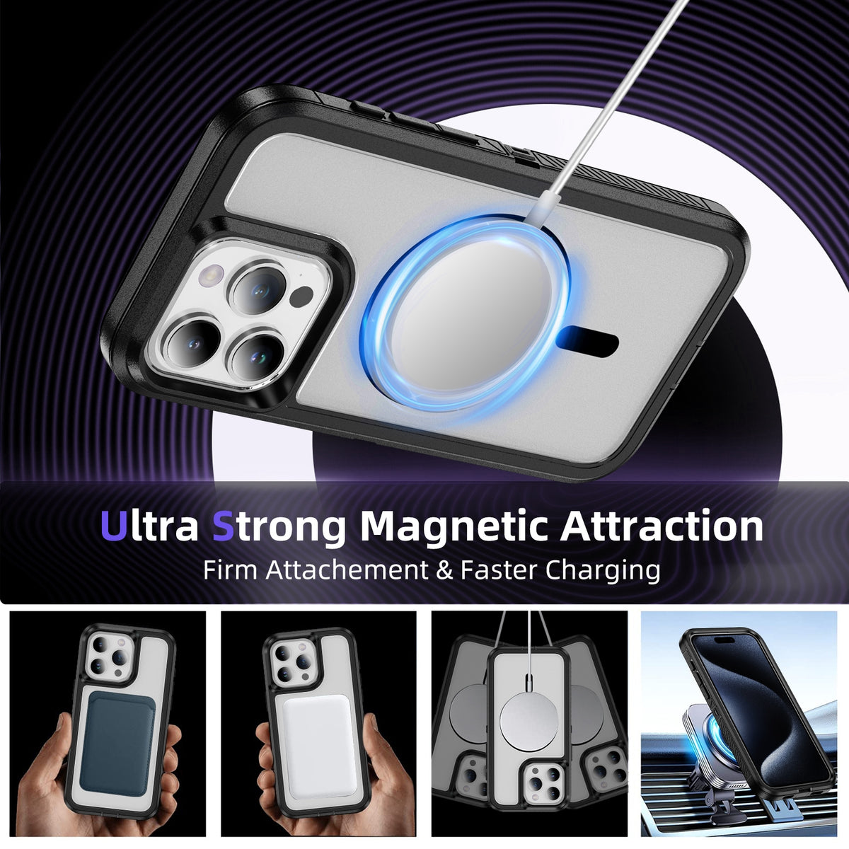 ELECTROPRIME For iPhone 15 Plus / 14 Plus Guard Magsafe Magnetic Ring Matte Phone Case(Black+Transparent)