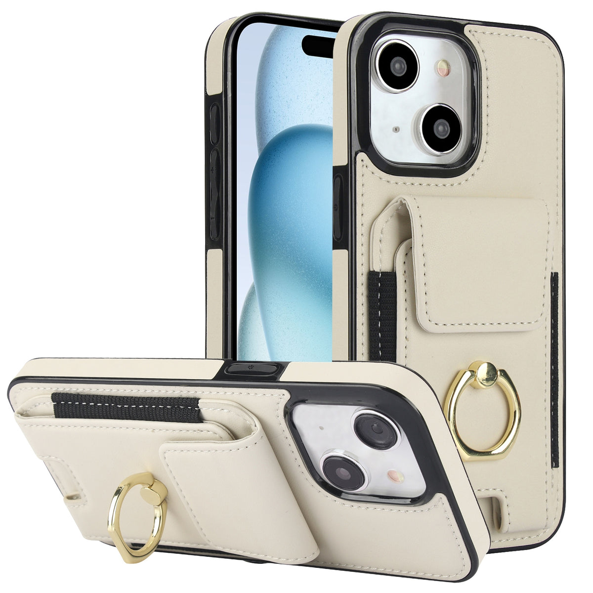 ELECTROPRIME For iPhone 15 Elastic Card Bag Ring Holder Phone Case(White)