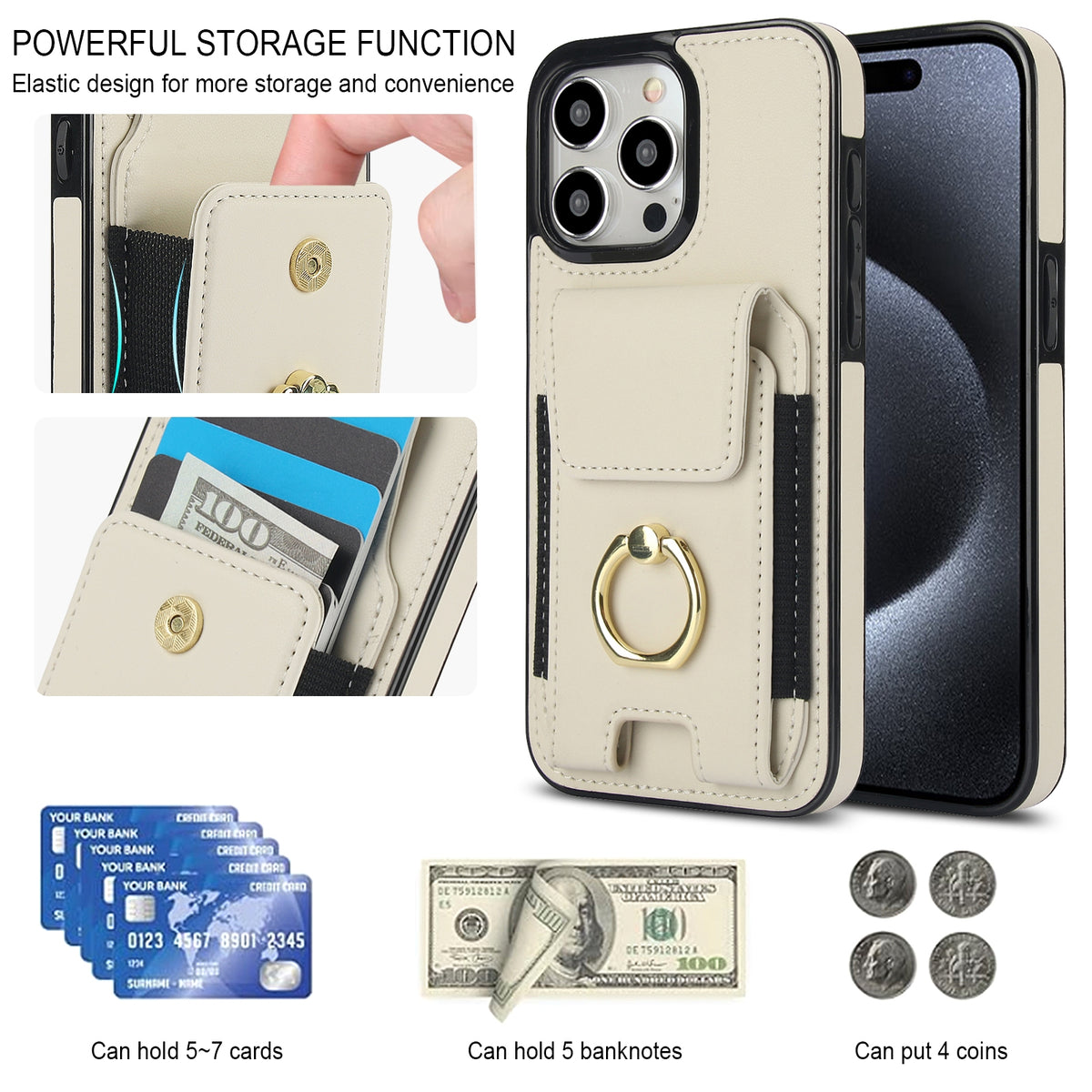 ELECTROPRIME For iPhone 15 Elastic Card Bag Ring Holder Phone Case(White)