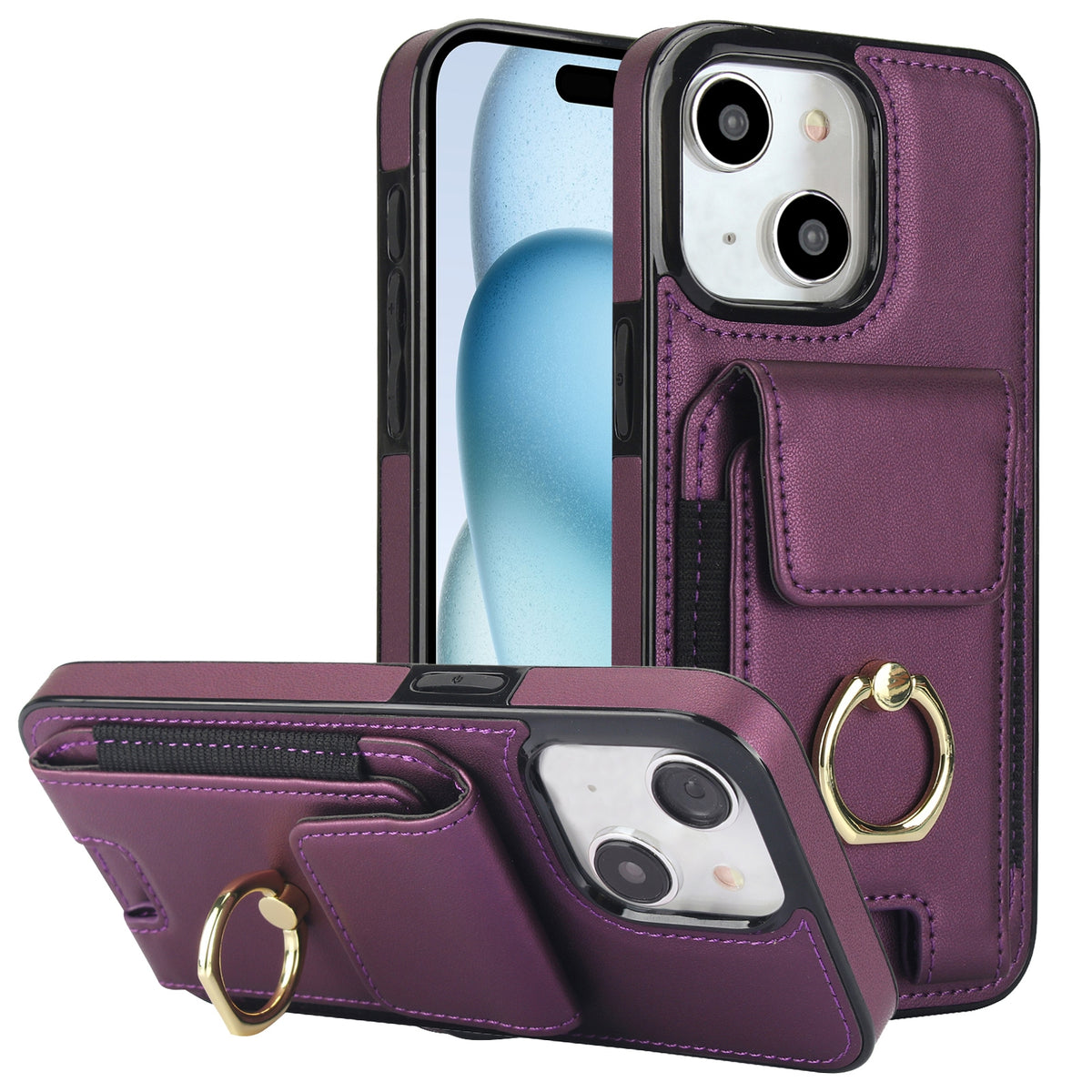 ELECTROPRIME For iPhone 15 Elastic Card Bag Ring Holder Phone Case(Purple)