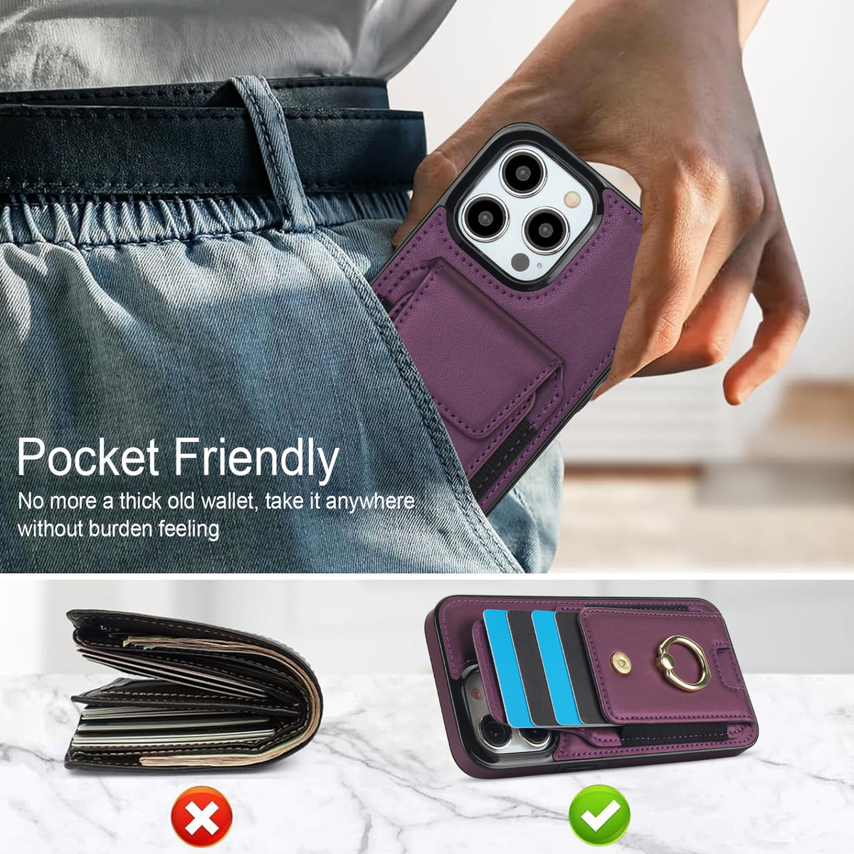 ELECTROPRIME For iPhone 15 Elastic Card Bag Ring Holder Phone Case(Purple)