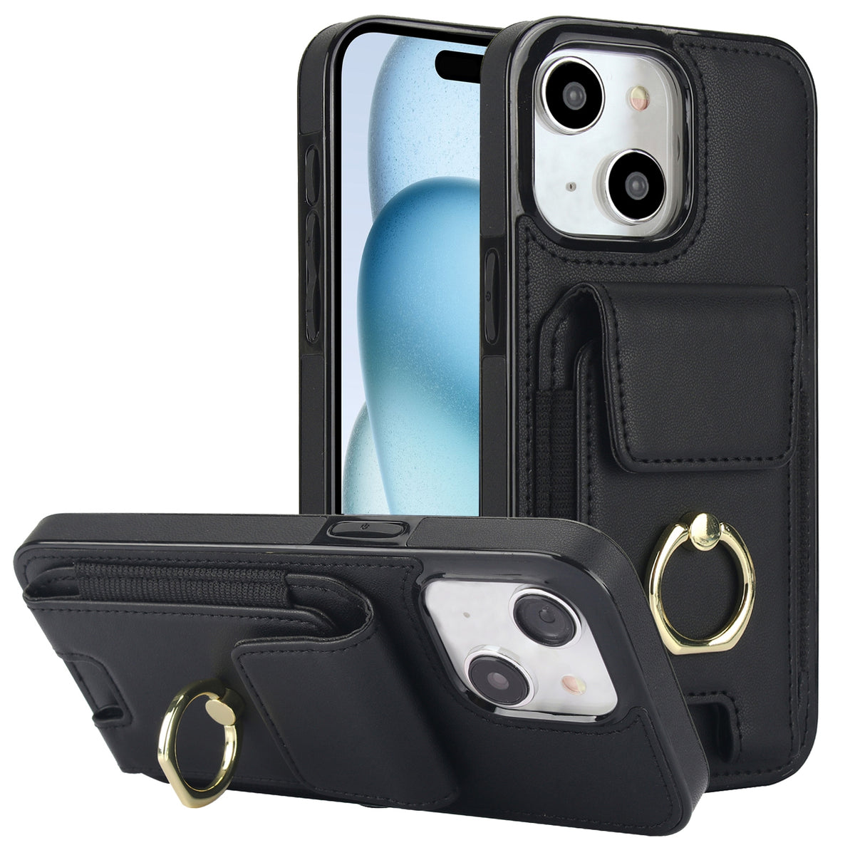 ELECTROPRIME For iPhone 15 Elastic Card Bag Ring Holder Phone Case(Black)