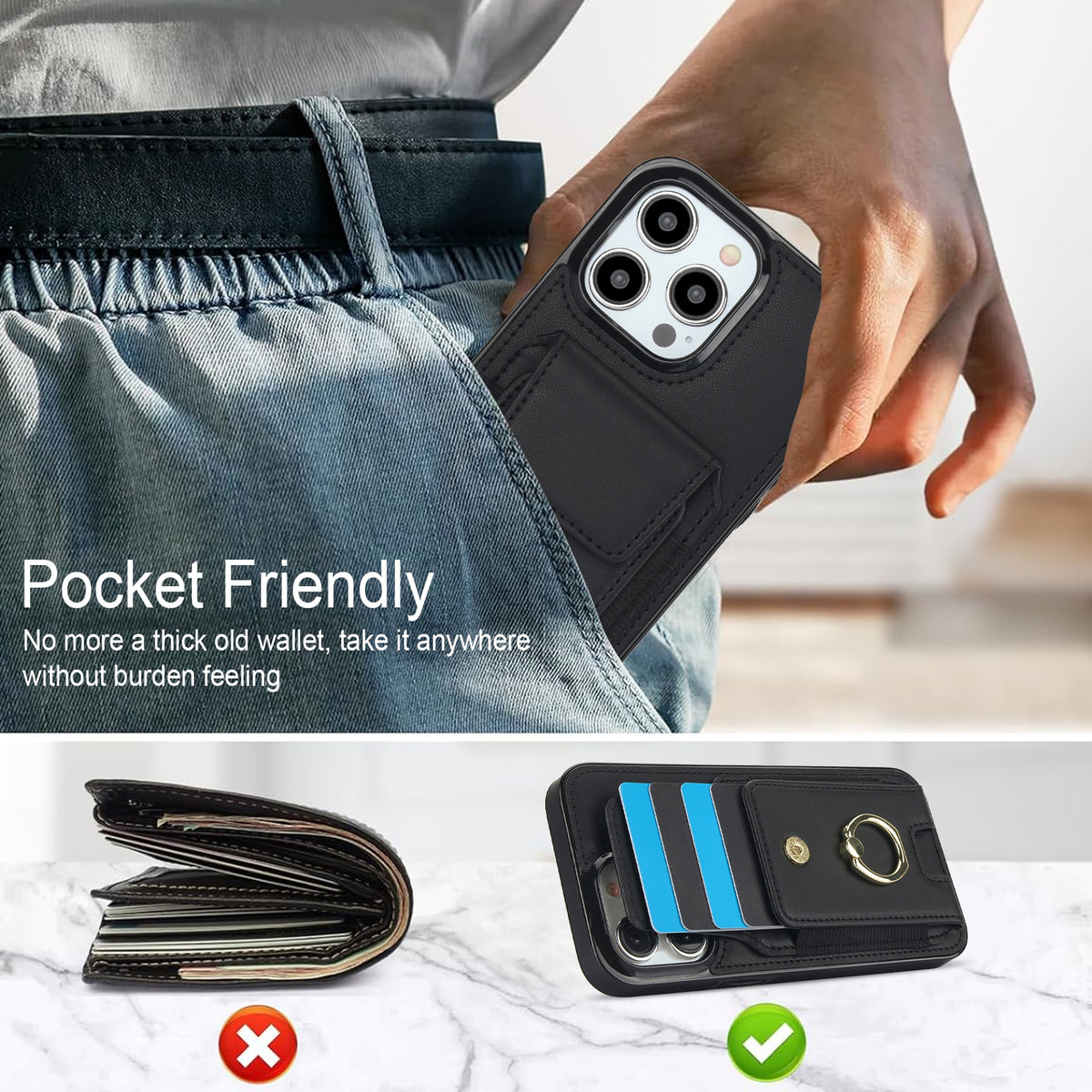 ELECTROPRIME For iPhone 15 Elastic Card Bag Ring Holder Phone Case(Black)