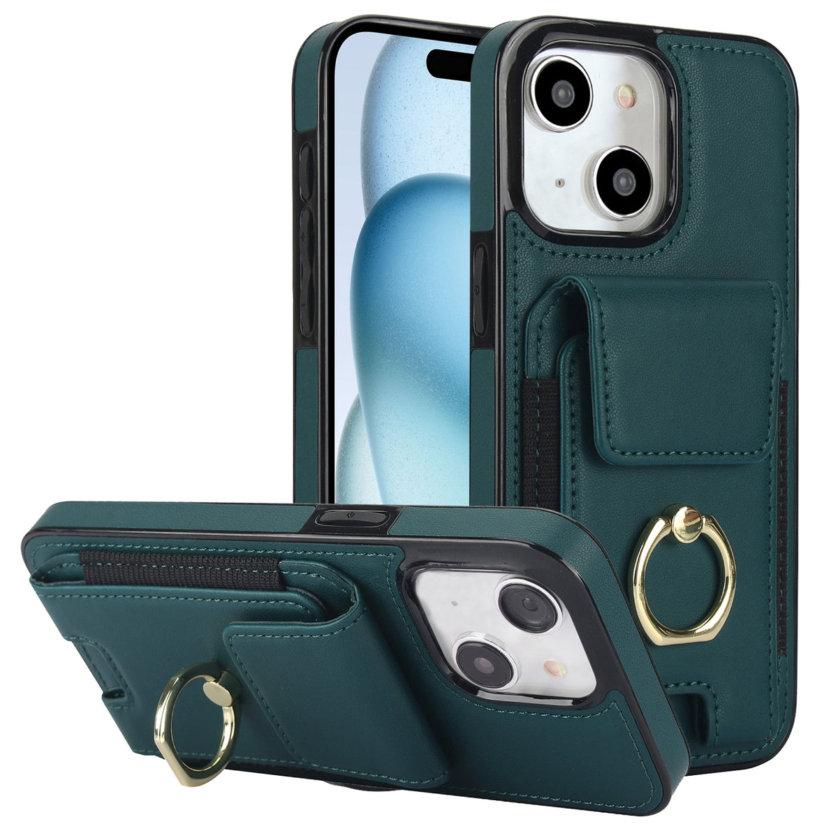 ELECTROPRIME For iPhone 15 Elastic Card Bag Ring Holder Phone Case(Dark Green)
