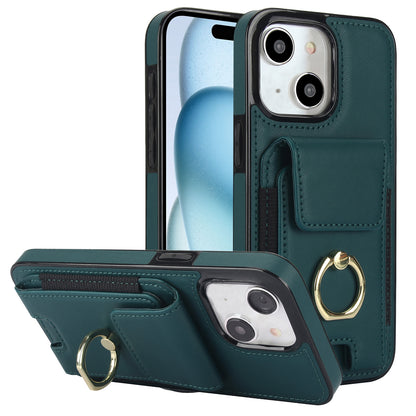 ELECTROPRIME For iPhone 15 Elastic Card Bag Ring Holder Phone Case(Dark Green)