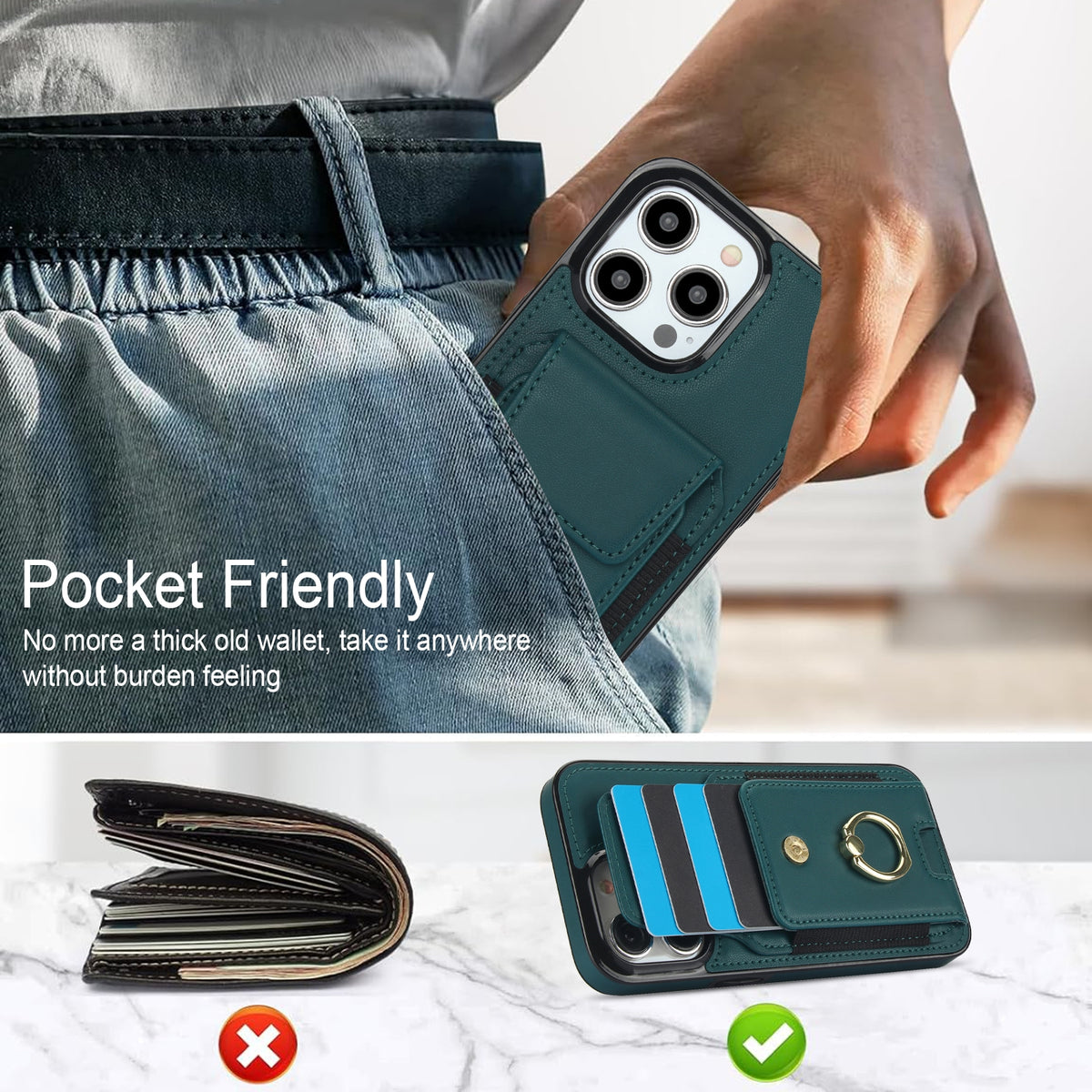 ELECTROPRIME For iPhone 15 Elastic Card Bag Ring Holder Phone Case(Dark Green)