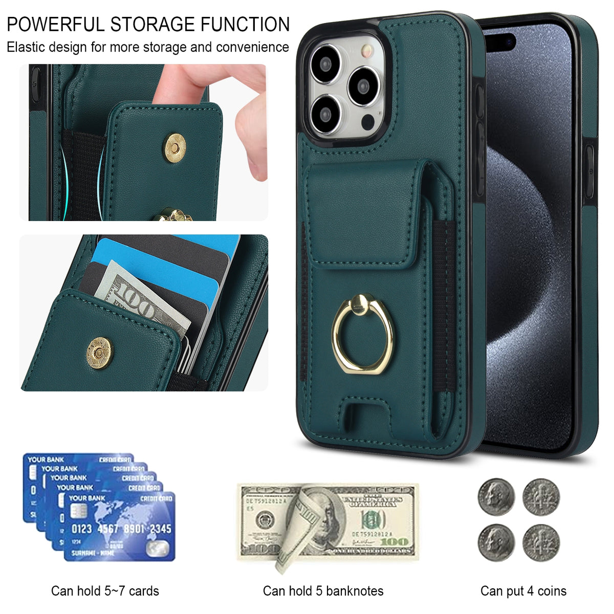 ELECTROPRIME For iPhone 15 Elastic Card Bag Ring Holder Phone Case(Dark Green)