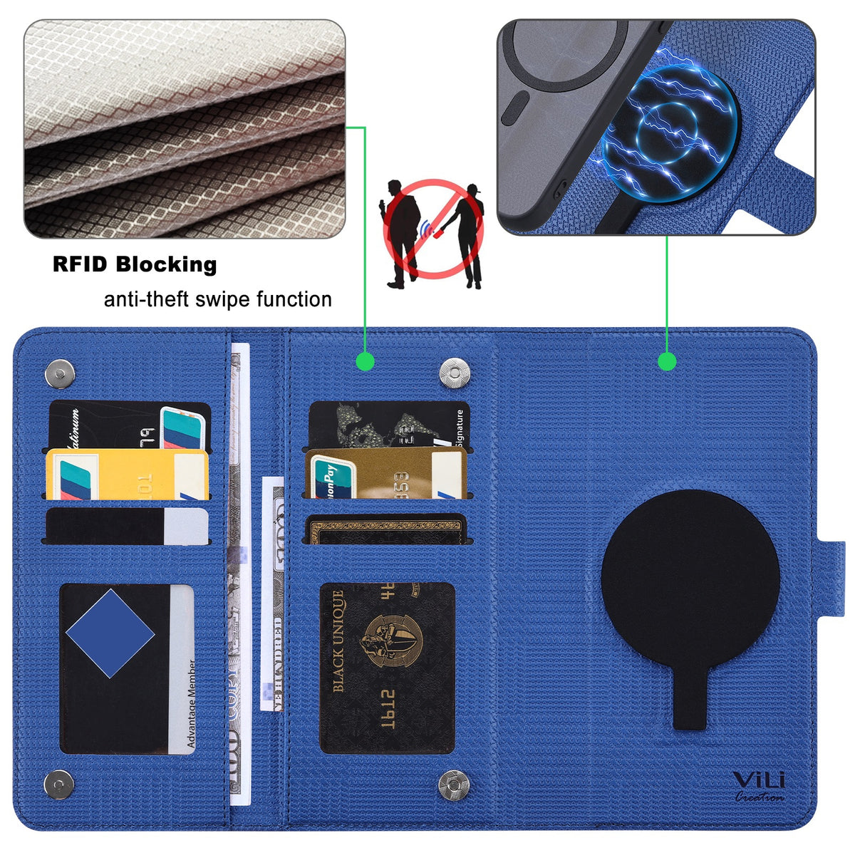 ELECTROPRIME For iPhone 15 Plus ViLi GHA Series Shockproof MagSafe RFID Leather Attraction Horizontal Flip Phone Case(Blue)