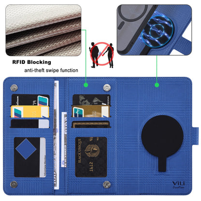 ELECTROPRIME For iPhone 15 Plus ViLi GHA Series Shockproof MagSafe RFID Leather Attraction Horizontal Flip Phone Case(Blue)