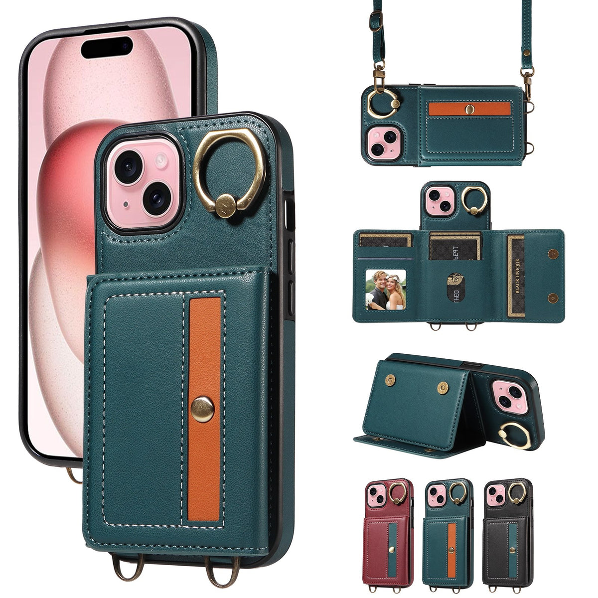 ELECTROPRIME For iPhone 15 Crossbodys Card Bag Ring Holder Leather Phone Case(Green)