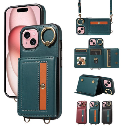 ELECTROPRIME For iPhone 15 Crossbodys Card Bag Ring Holder Leather Phone Case(Green)