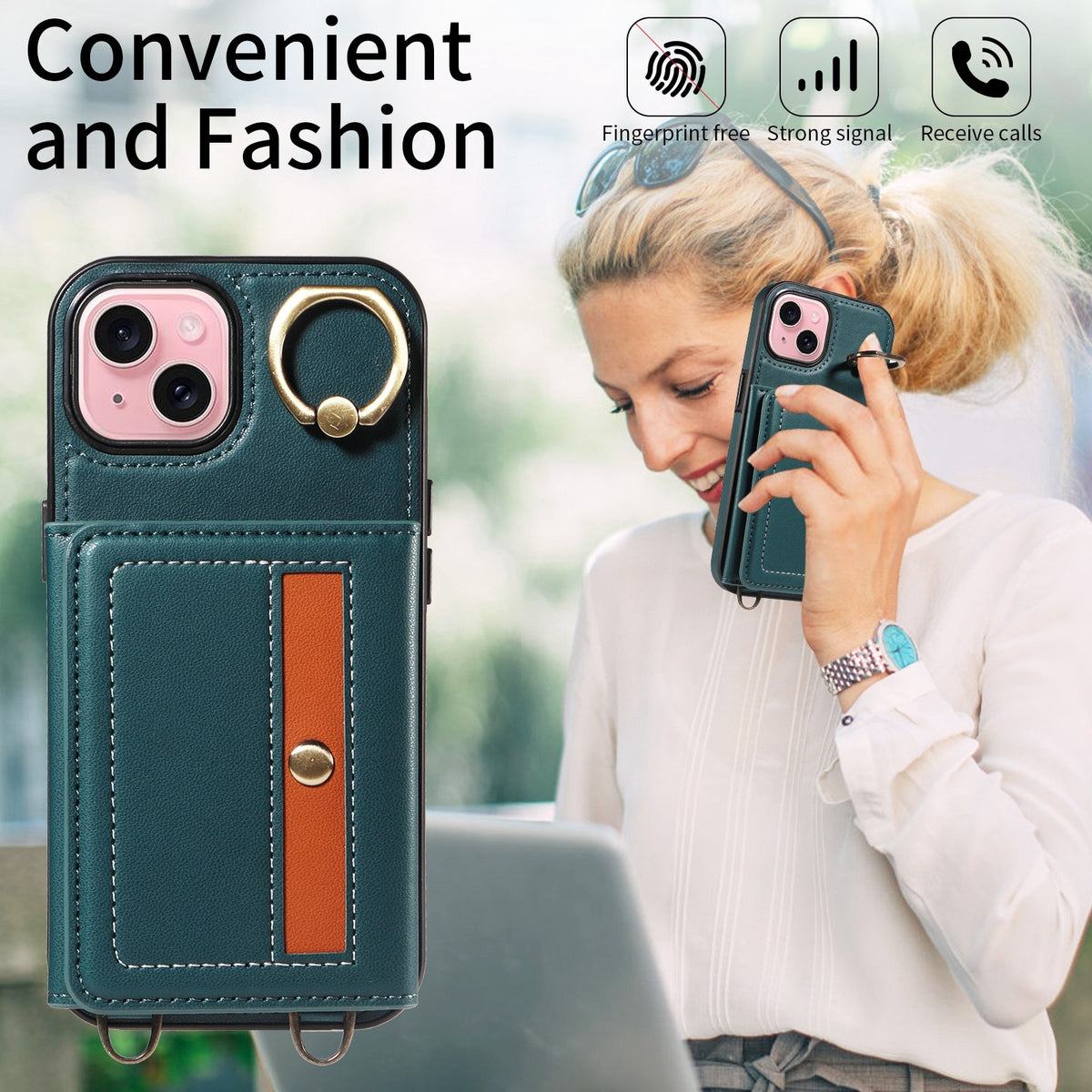ELECTROPRIME For iPhone 15 Crossbodys Card Bag Ring Holder Leather Phone Case(Green)