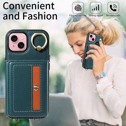 ELECTROPRIME For iPhone 15 Crossbodys Card Bag Ring Holder Leather Phone Case(Green)