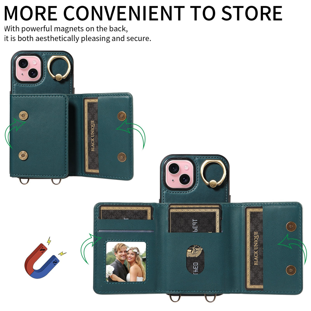 ELECTROPRIME For iPhone 15 Crossbodys Card Bag Ring Holder Leather Phone Case(Green)