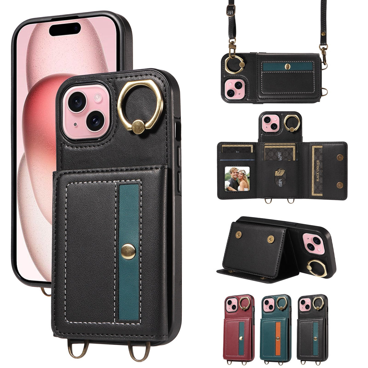ELECTROPRIME For iPhone 15 Crossbodys Card Bag Ring Holder Leather Phone Case(Black)