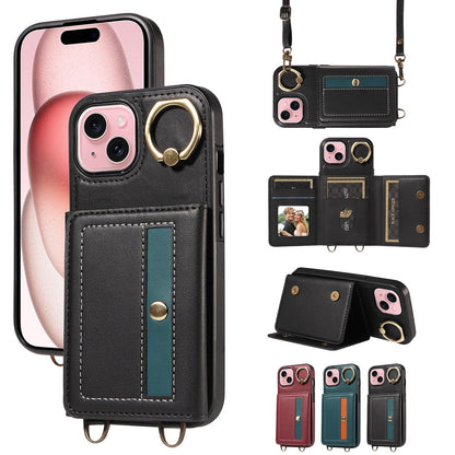 ELECTROPRIME For iPhone 15 Crossbodys Card Bag Ring Holder Leather Phone Case(Black)