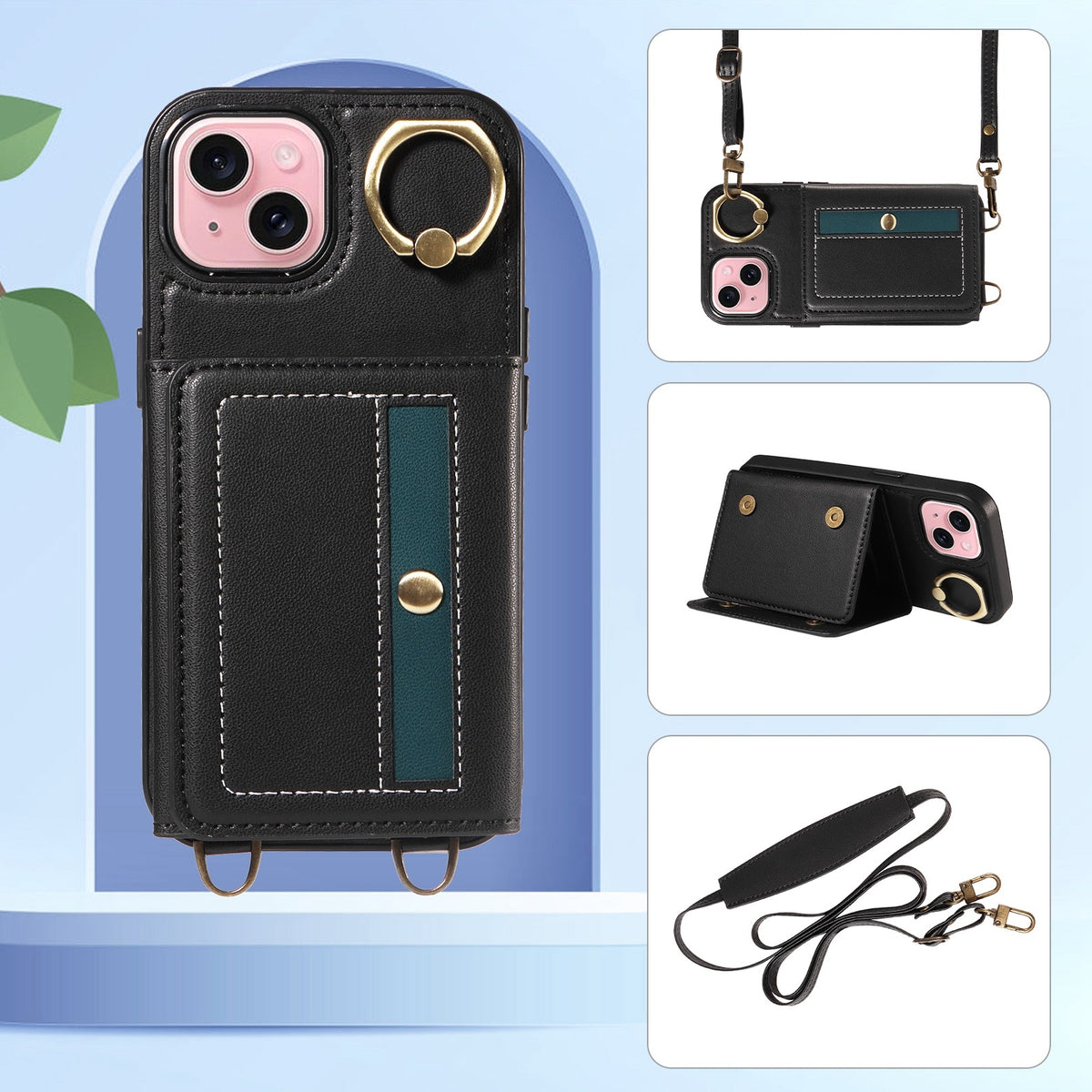 ELECTROPRIME For iPhone 15 Crossbodys Card Bag Ring Holder Leather Phone Case(Black)