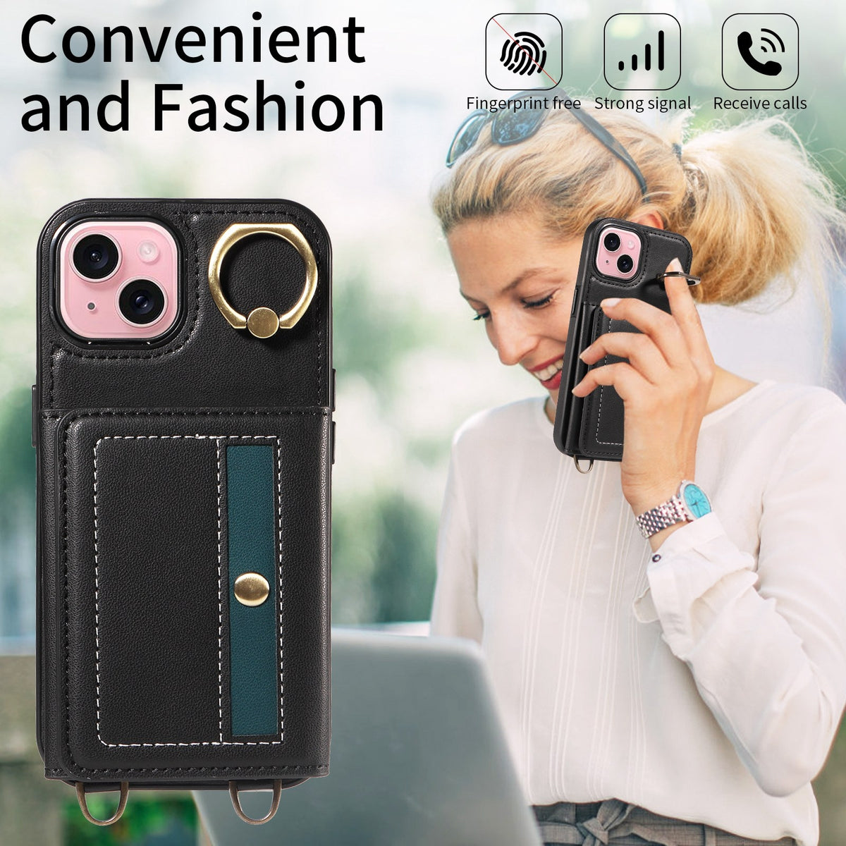 ELECTROPRIME For iPhone 15 Crossbodys Card Bag Ring Holder Leather Phone Case(Black)