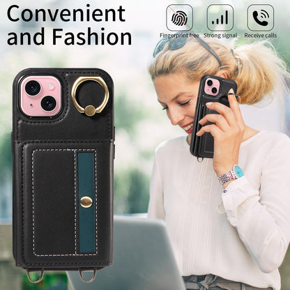 ELECTROPRIME For iPhone 15 Crossbodys Card Bag Ring Holder Leather Phone Case(Black)