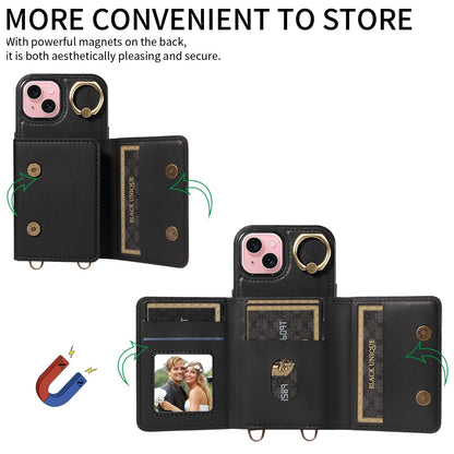 ELECTROPRIME For iPhone 15 Crossbodys Card Bag Ring Holder Leather Phone Case(Black)