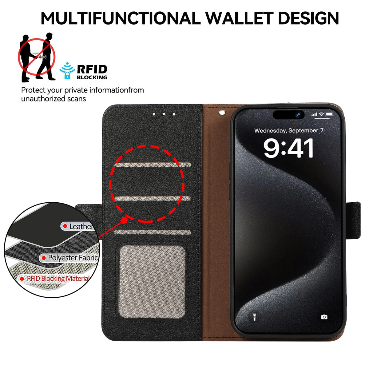 ELECTROPRIME For iPhone 15 ABEEL Side-Magnetic Litchi Pattern Leather RFID Phone Case(Black)