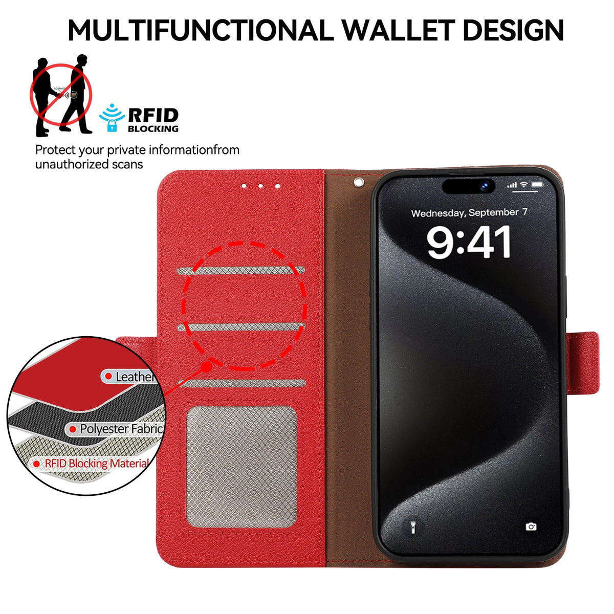 ELECTROPRIME For iPhone 15 ABEEL Side-Magnetic Litchi Pattern Leather RFID Phone Case(Red)