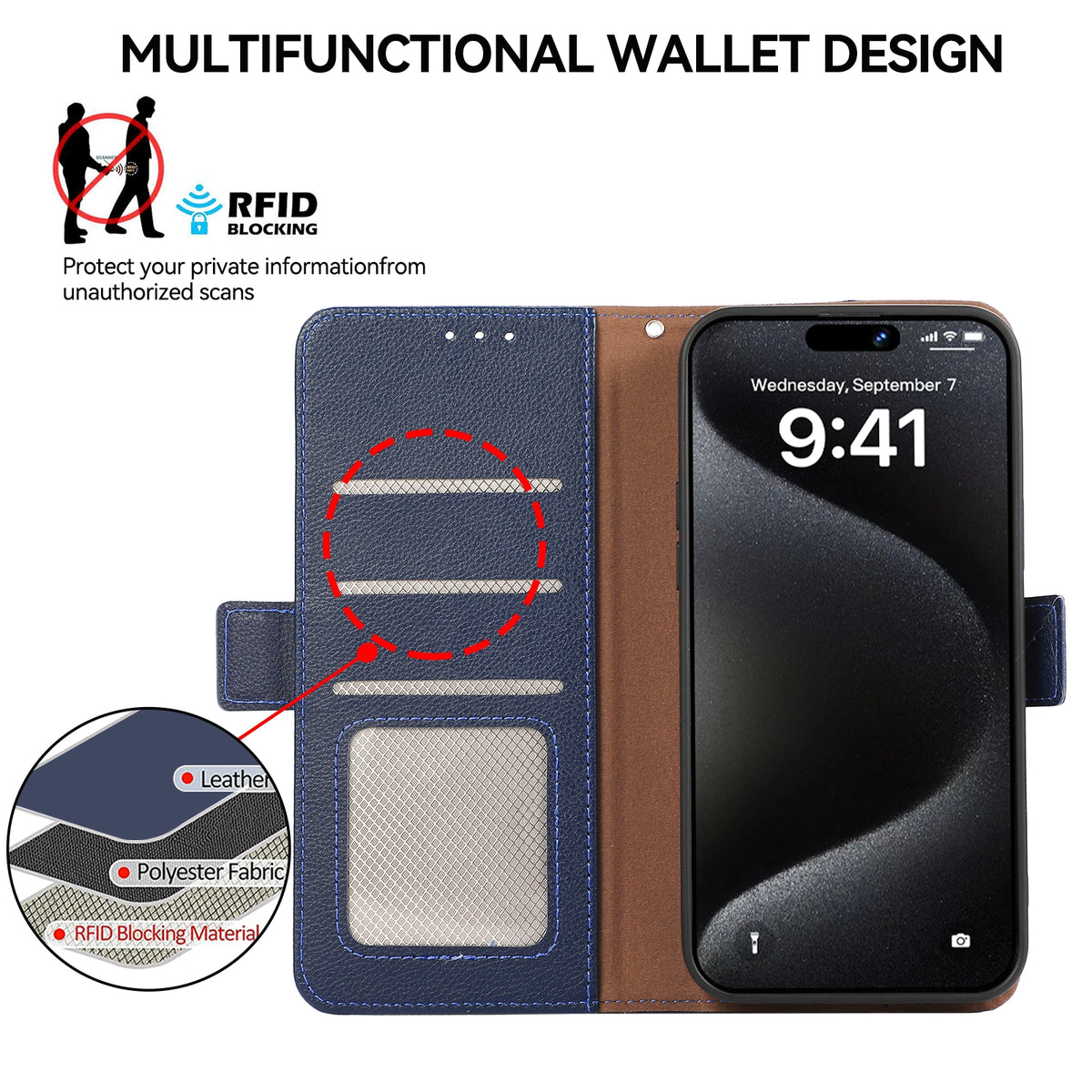 ELECTROPRIME For iPhone 15 ABEEL Side-Magnetic Litchi Pattern Leather RFID Phone Case(Blue)