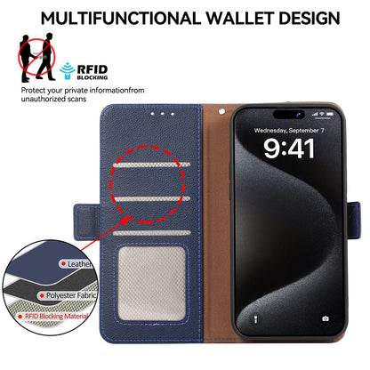 ELECTROPRIME For iPhone 15 ABEEL Side-Magnetic Litchi Pattern Leather RFID Phone Case(Blue)