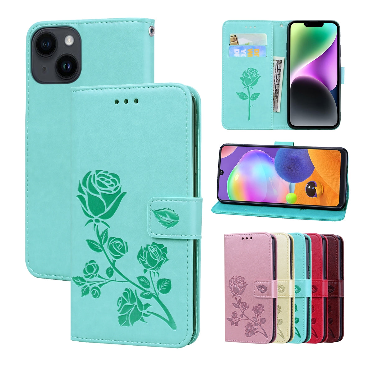 ELECTROPRIME For iPhone 15 Rose Embossed Flip PU Leather Phone Case(Green)