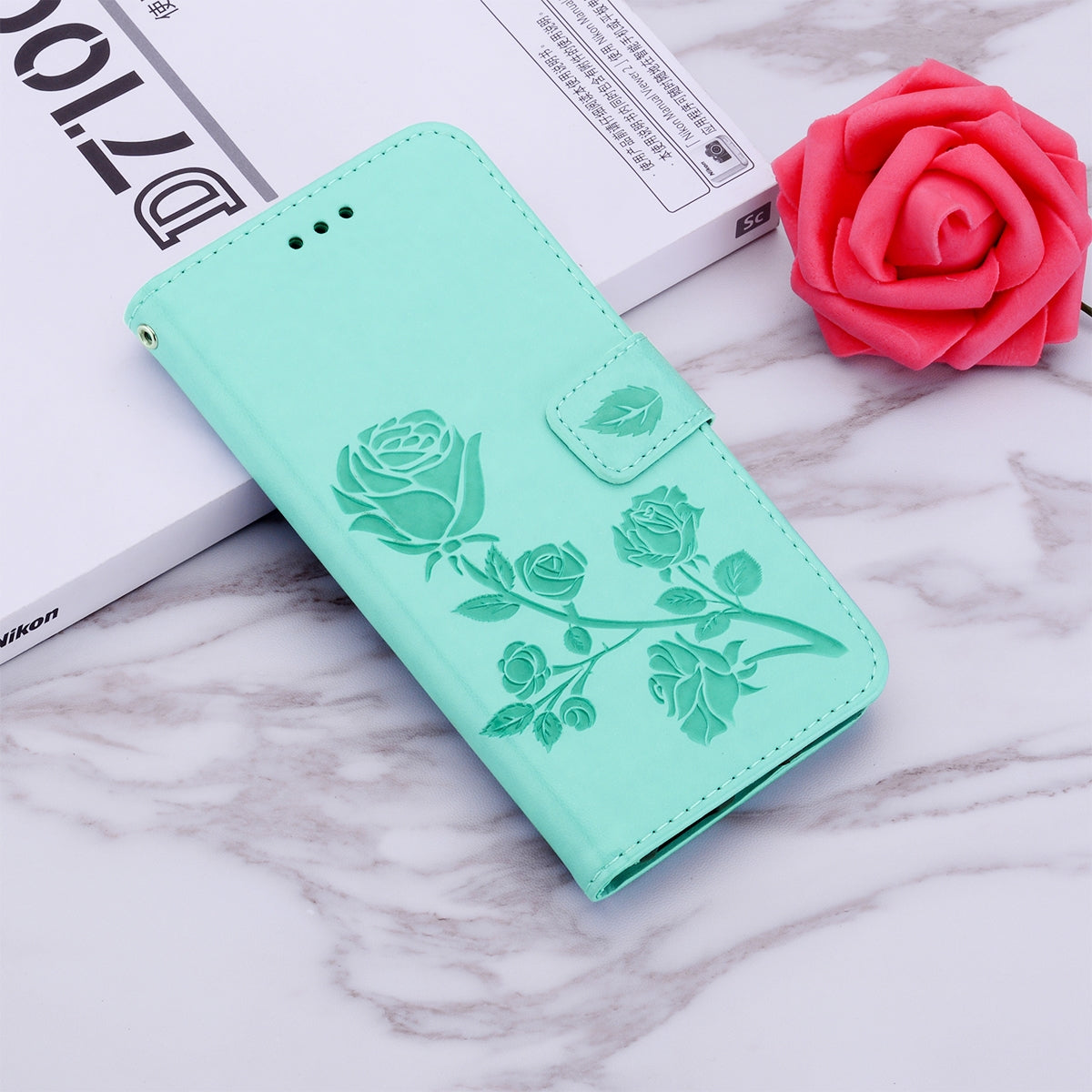 ELECTROPRIME For iPhone 15 Rose Embossed Flip PU Leather Phone Case(Green)