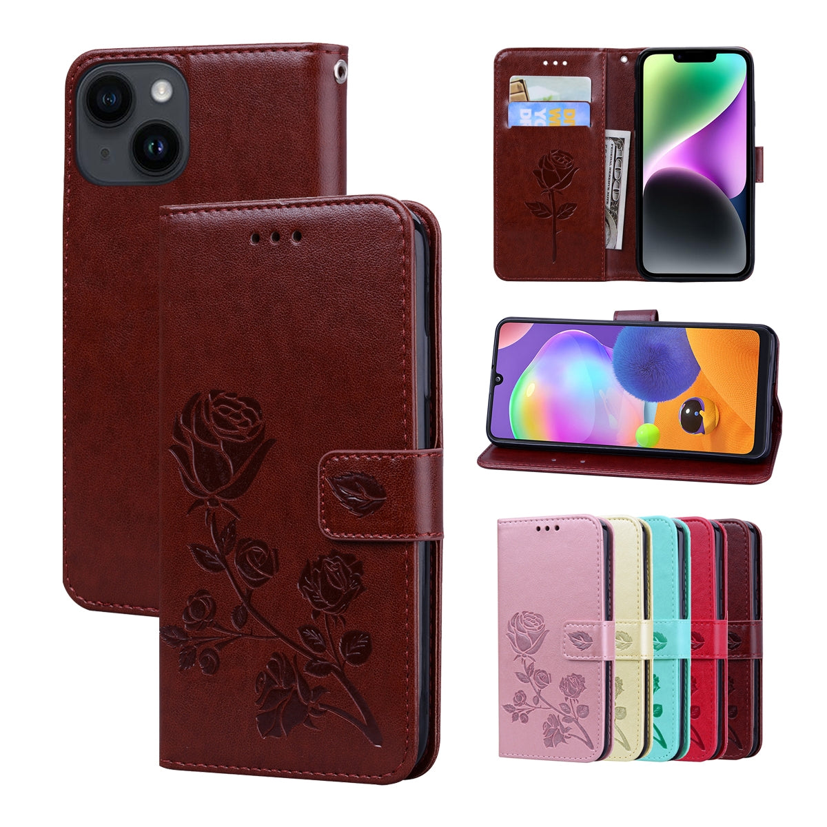 ELECTROPRIME For iPhone 15 Rose Embossed Flip PU Leather Phone Case(Brown)