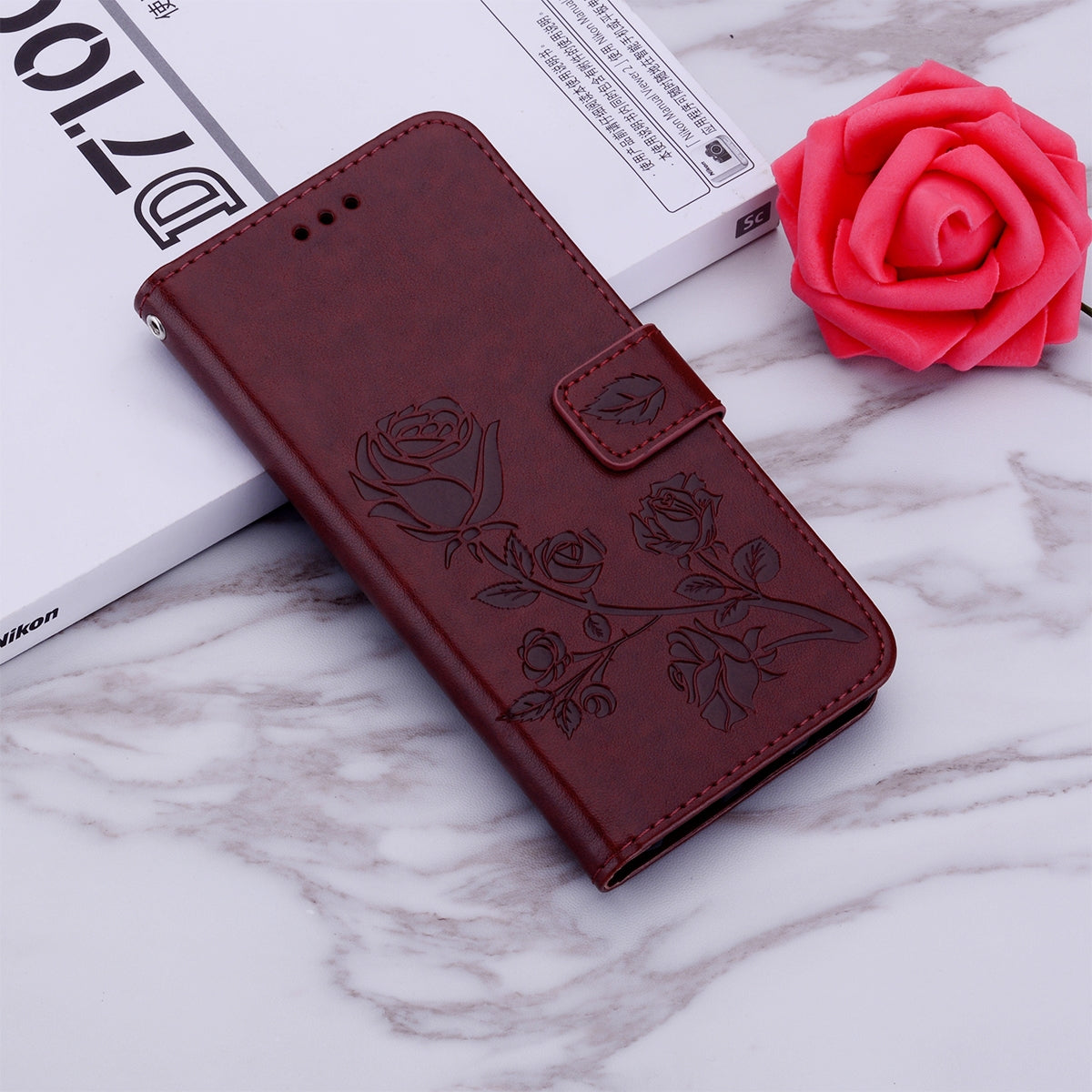ELECTROPRIME For iPhone 15 Rose Embossed Flip PU Leather Phone Case(Brown)